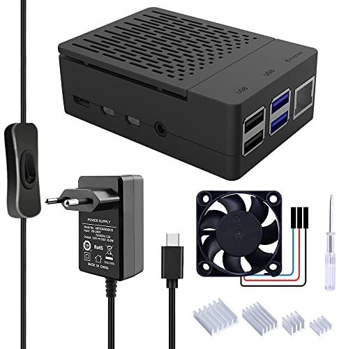 GeeekPi Raspberry Pi 4 Gehäuse mit PWM Lüfter und 18W 5V 3.6A USB C EIN/AUS Schalter Netzteil - Kühlkörper für Raspberry Pi 4 Model B 1GB/2GB/4GB/8GB