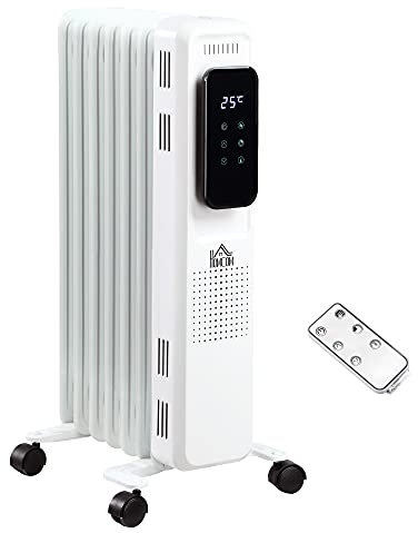 HOMCOM 1500W Oil Filled Radiator, 7 Fin Portable Electric Heater with LED Display, 24H Timer, 3 Heat Settings, Adjustable Thermostat, Safety Cut off, Remote Control, White