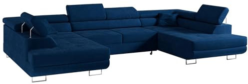 MKS MEBLE Sofa Blau Wohnzimmer - Wohnlandschaft - U-Form Couch mit Schlaffunktion - Schlafsofa mit Bettkasten - Wohnzimmer U Couch - Polstersofa mit Bettkasten - Gustaw U Marineblau Monolith
