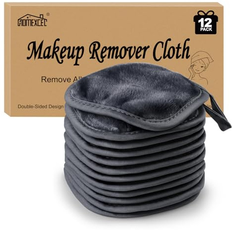 HOMEXCEL Makeup Remover Cloth 12 Count (Pack of 1), Reusable Makeup Remover Pads, Washable Ultra Soft Facial Cleansing Cloths For All Skin Types, 5 X 5 In, Black