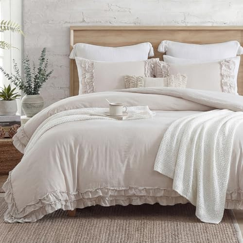 Herside Beige Grå Ruffle Duvet Cover Set 2 Lager Söt Volang Design Boho Farmhouse Super King Size 1 Påslakan + 2 Örngott (Beige, Super King)