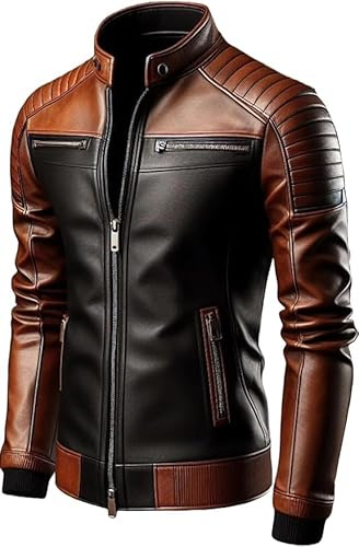 Genuine Leather Men's cafe racer jacket Sheepskin Stand Collar Trucker real leather Jacket (US, Alpha, Medium, Regular, Regular, Black And Brown)
