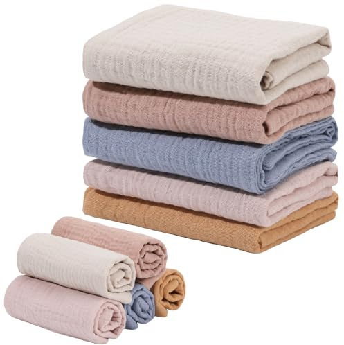 Meng Jiaran 5 Pack Baby Muslin Squares 23x22cm Baby Muslin Cloths Washcloths Natural Cotton Wipes Baby's Essentials for Newborn Wiping Feeding