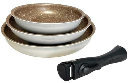 Arthur Martin - Juego de 3 sartenes de 20 a 24 a 28 cm + 1 asa, aluminio con revestimiento antiadherente, mango extraíble para todo tipo de fuegos, incluida inducción