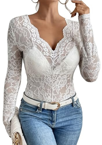 FEOYA Top in Pizzo da Donna Sexy Trasparente Camicetta Elegante Maglia Manica Lunga Floreale Pizzo Shirt con Scollo V Bianco M