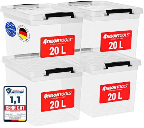 ATHLON TOOLS 4x 20 L Aufbewahrungsboxen mit Deckel, lebensmittelecht - Verschlussclips - 100% Neumaterial Plastik-Box transparent - Kleiderboxen stapelbar…