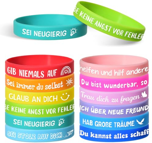 LVZONGXIN 24 braccialetti motivazionali per bambini in tedesco, 20 cm, in silicone, pensierino, regalo di compleanno per bambini, scuola, regalo di addio