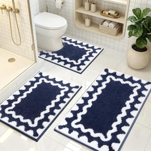 Homodeco Juego de 3 Alfombra Baño Antideslizantes Alfombrilla Baño de Pelo Largo y Suave, Lavables a máquina, Azul Marino + Blanco