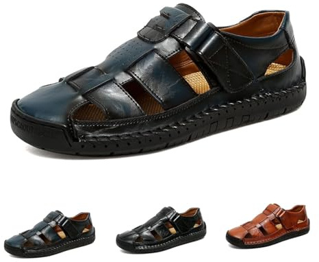 POIOZXD Sandalias de cuero con puntera cerrada para hombre, sandalias ortopédicas de verano para hombre, transpirables, cosidas a mano, zapatos de pescador de cuero para caminar, senderismo, playa