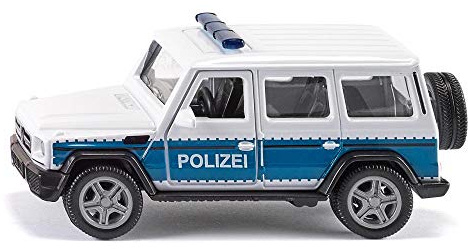 Siku 2308, Mercedes-AMG G65 polisbil med släpkoppling, 1:50, Metall,plast, blå,vit, Däcken kan bytas ut