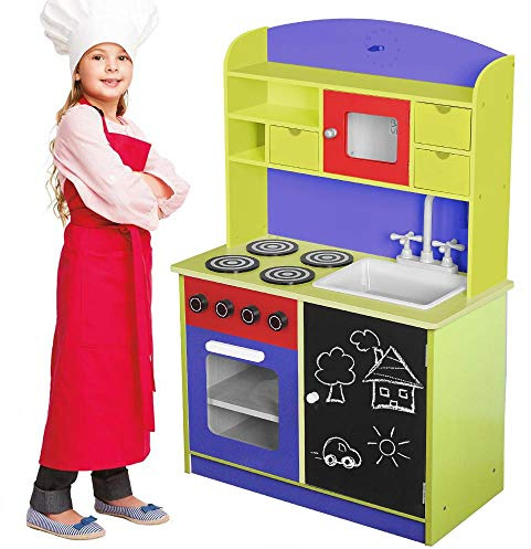 Bakaji Cucina in Legno Giocattolo per Bambini con Anta e Cassetti Lavagna Lavello in Plastica 4 Fornelli Forno Apribile e Microonde Chiusure Magnetiche 60 x 30 x 90 cm (Multicolore)