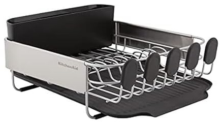 KitchenAid Compact, Space Saving Rust Resistant Dish Rack with Removable Flatware Caddy and Angled Self Draining Drainboard, 16.06-Inch, Black