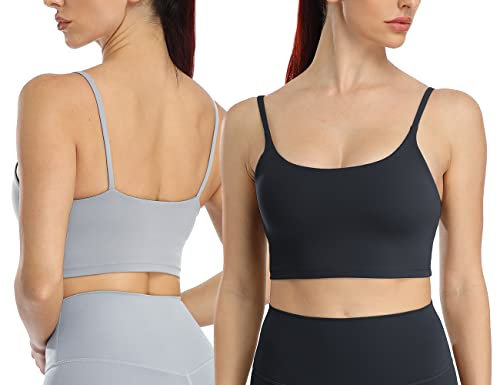 icyzone Damen Sport-BH Camisole Stretch Fitness Crop Top mit BH Gepolstert Yoga Bra, 2er Set (L, Black/Grey)