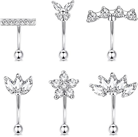 Finrezio 6 Stück 16G Rook Piercing für Frauen Bauchnabelpiercing Chirurgenstahl Set Umlaufender Knorpel-Tragus CZ Körperpiercing Gebogener Langhantel Brauenring 6 mm