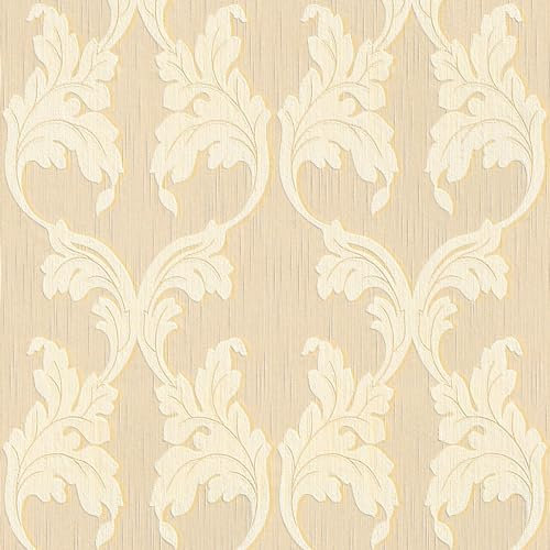 Textiloptik tapet Profhome 956282-GU textiltapet strukturerad i barockstil matt beige gul 5,33 m2