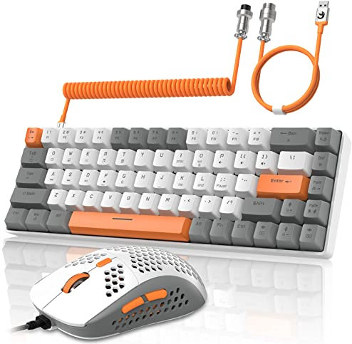 YINDIAO T8 60% RGB Gaming Tastatur und Maus Set + Gewendeltes USB-C Kabel,Kabelgebundene Mechanische Tastatur,68 Tasten TKL Compact Layout,Maus mit Wabenstruktur,Bis zu 6400DPI,für PC PS5 -Hellgrau