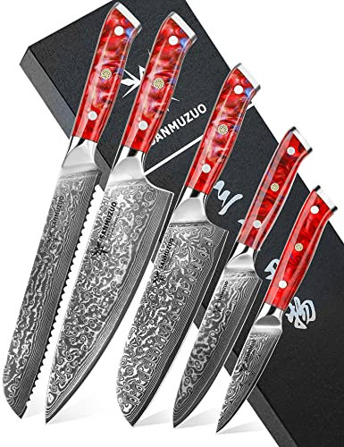 SANMUZUO Damast Küchenmesser Set, Chef Damastmesser Kochmesser Set- Küchenmesser Set von 5-Stück, Ultra-Sharp VG10 Damaskus Stahl mit Harz Griff, Xuan Serie(Sonnenuntergang Rot)
