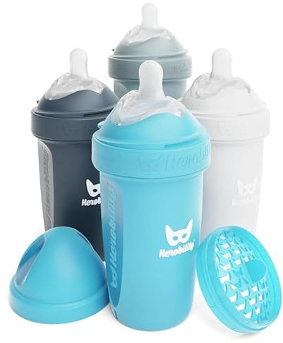 Herobility Double Anti-Colic Baby Bottles – 8.5 fl oz/240ml – 4-Pack – Multicolor - White, Gray, Iron Blue, Blue