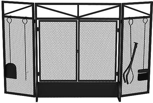 HOMCOM 3 Panel Folding Fire Guard Screen with Fireplace Tool Sets and Front Doors, Freestanding Fire Screen Spark Guard with Feet for Open Fire, Log Burner, Fireplace, 122 x77 cm, Black