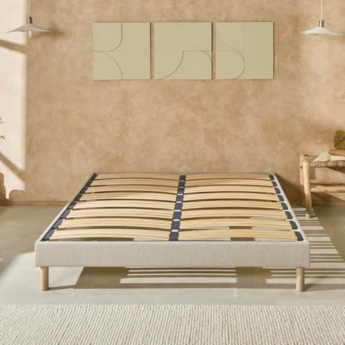Nuit DE Coton | Sommier à Lattes en Bois avec Pieds Lino 140x190 cm Hauteur 30 cm | Cadre de lit Robuste et Elegant Coloris Beige | Montage Facile