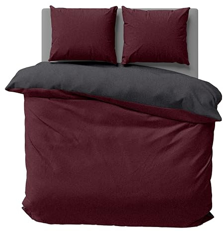 one-home Winter Bettwäsche Doubleface Uni Wende kuschelig flauschig warm weich Fleece, Größe: 240x220 cm, Farbe: Bordeaux/anthrazit