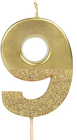 PARTYLOSOPHY Número 9 Velas de cumpleaños con números 10, 20, 30, 40, 50, 60, 70, 80, 90, 100 de color oro metalizado con glitter.Vela Cumpleaños Dorada, Cumpleaños, Aniversarios y fiestas temáticas.