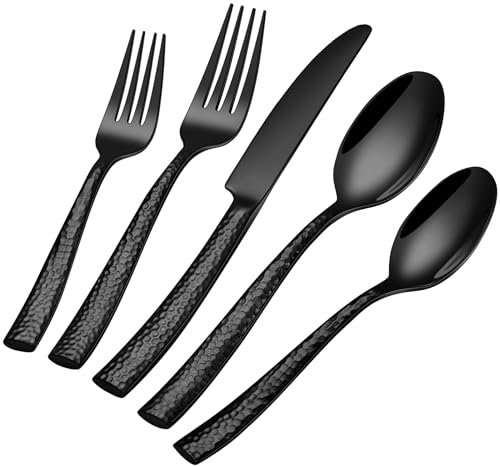 HONKKU 30 Teiliges Besteck Set 6 Personen Schwarz, Verdickter Edelstahl Besteckset mit Gehämmert Griff, Essbesteck Set mit Messer Gabel Löffel, Spiegel Polierter Spülmaschinenfest