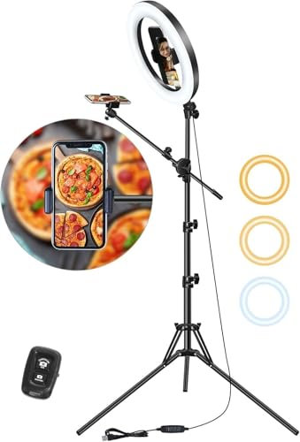 Overhead Stativ Handy mit Ringlicht, Doppelhalterung für 2 Smartphones – Handy Stativ mit Ringlicht | 10.5 Ringlichter Ring Light für Kochen, Food-Creator, Vlogging, Rezeptaufnahmen & Make-up