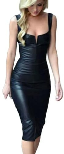 Vestido de Cuero con Hombros Descubiertos para Mujer, Vestido Corto Ajustado sin Mangas para Fiesta de Noche y Club, Elegante