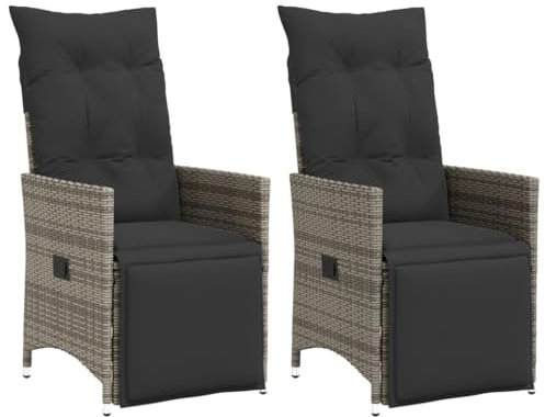 vidaXL Gartensessel mit Kissen 2 STK., Verstellbar Gartenstuhl mit Stahlrahmen, Loungesessel für Außenbereich, Relaxsessel Sthulset, Grau Poly Rattan