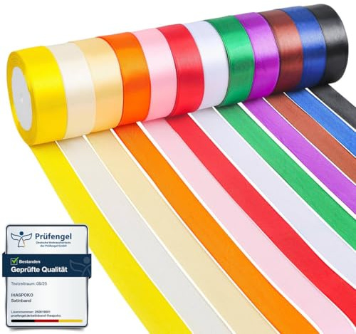 ihaspoko 12 Colori Nastro Raso, 25mm Nastro Regalo per Fai da Te Arte e Artigianato, Confezioni Regalo, Palloncini, Fiocchi, Decorazione di Cerimonia Nuziale (22m/rotolo)