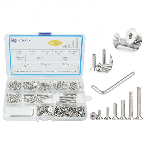 WZHUIDA 330 Stück M4 Schrauben Set, Edelstahl Senkkopfschrauben Metrisch Innensechskant Schrauben Muttern und Unterlegscheiben Sortiment Set, Gewindemaschinen Sechskantschrauben
