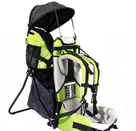 Lil' Boss Kinder Rückentrage Wandern, FASports Kindertrage 20kg bis 25kg, ergonomische Kindertrage Rucksack mit Regen- und Sonnendach, Kinderkraxe Kleinkind Grün/Schwarz, 50 x 38 x 90 cm