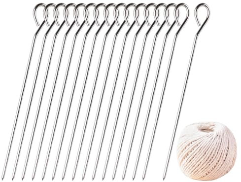 FSSTUD 16 Pcs Meat Trussing Needle and 70m Cooking Twine Chicken Roasting Needle Stainless Steel Barbecue Skewers Turkey Lacers Poultry Lacing Kit Poultry Grilling Supplies for BBQ