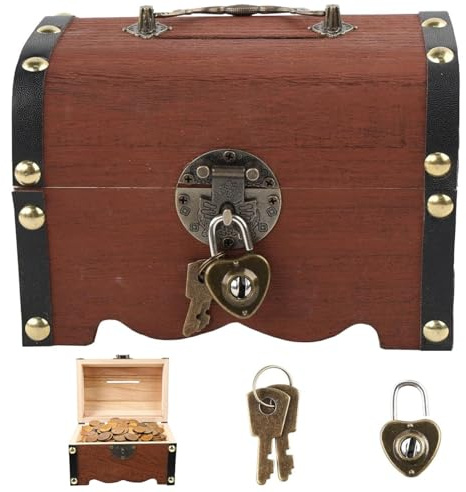 Cofre del tesoro de madera vintage para niños, caja del tesoro de madera con candado piratas, cofre del tesoro retro para almacenamiento y decoración para cumpleaños infantiles, búsqueda del tesoro