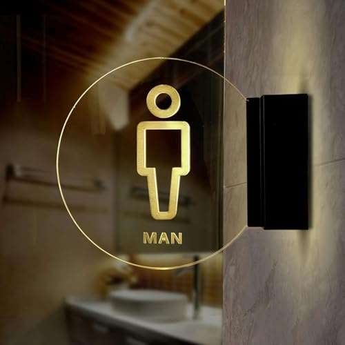 Wall Mount Toilet Sign, LED Restroom Neon Sign, 7.8 Inch Round Man Woman Funny Bathroom Lighted Sign, Acrylic Washroom Signs Decor, for Bar Club Hotel Wall Decoration (Right Wall Mounting)