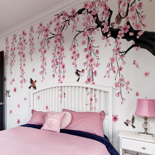 Runtoo Calcomanías de pared grandes con diseño de cerezo en flor de cerezo, para despegar y pegar, para sala de estar, dormitorio, guardería, decoración de flores