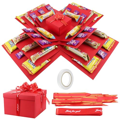 JIANTA 5 Layer Creative Explosion Gift Box, Snack Explosion Box with Ribbon and Double-Sided Tape, DIY Surprise Box for Birthdays, Valentine's Day, Wedding, Anniversaries (Red)
