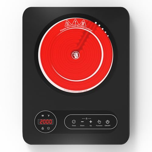 VBGK Vitroceramica Portatil 2000W, Cocina Eléctrica Portátil con 10 Niveles, Temporizador, Bloqueo de Seguridad, Controles Táctiles, Calefacción Rápida, Fácil Limpieza