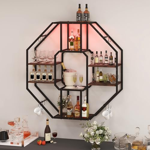 YOURLITE Bar Shelf Wall, Floating Shelves with LED, Wall Shelf with Adjustable Glass Shelf, with 8 S-shaped Hooks, Wine Coffee Bar Shelf, for Games Room, Living Room, Kitchen, Octagonal