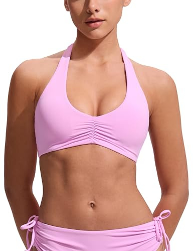 CRZ YOGA Froncé Devant Halter Hauts de Bikini | Rembourrage Amovible, Bonnet A-C, Col Rond, Dos Nu, Natation, Maillot de Bain pour Femme