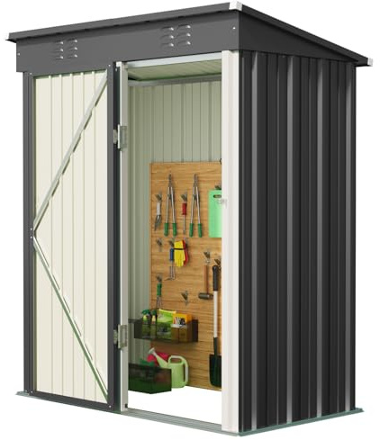 Blishom Casetta per attrezzi in metallo,Capanno per Attrezzi da Giardino in Metallo con Ripiani Regolabili, Tetto Inclinato, Prese d'Aria,per Prato, Patio e Cortile161x94x182CM,Grigio