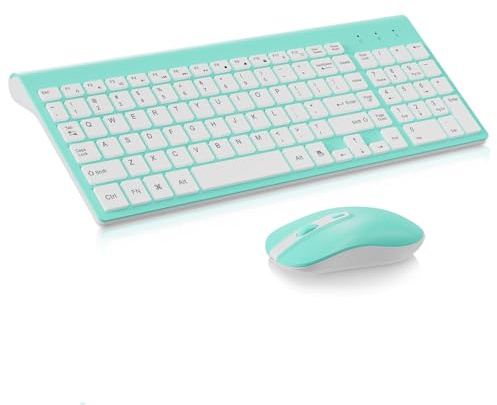 Wireless Keyboard Mouse Combo, cimetech Compact Full Size Wireless Keyboard and Mouse Set 2.4G Ultra-Thin Sleek Design for Windows, Computer, Desktop, PC, Laptop（QWERTY UK Layout-Blue
