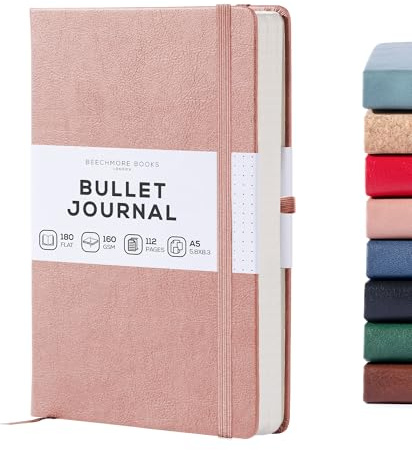 BEECHMORE BOOKS A5 Dotted Journal – 160gsm Thick Paper No-Bleed Bullet Notebook – Hardcover Dot Grid Logbook with Presentation Gift Box – Vegan Leather Sketchbook for Artists & Professionals