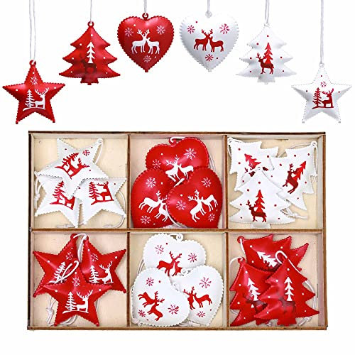 Valery Madelyn 18pcs Traditional Red and White Christmas Tree Decorations, Metal Christmas Hanging Pendants, Xmas Ornaments with Tree, Star and Heart Patterns for Gift Tag, 2.1inch / 5.3cm