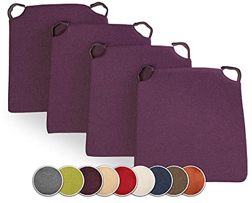sunnypillow 4er Set Stuhlkissen mit Klettverschluss Polsterauflage Auflage für Stühle - Indoor/Outdoor - Sitzkissen Sitzauflage - Maße: 42 (vorne) | 35 (hinten) x 40 x 5 cm - Violett