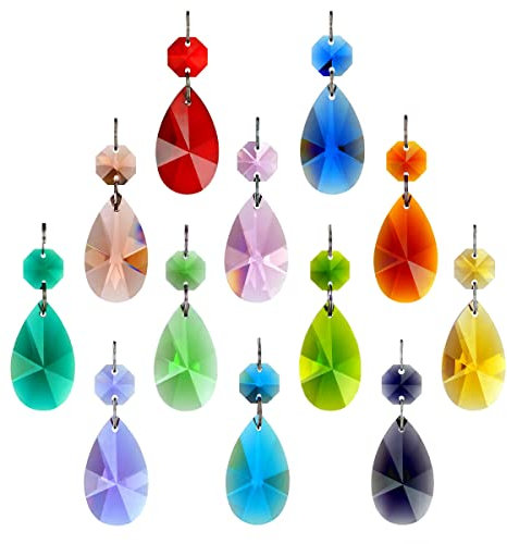 Lot de 12 prismes de lustre en cristal en forme de goutte d'eau avec chaîne de perles octogonales en verre pour lustres, fête de mariage, décoration de Noël GOLDENHAITAI (multicolore)