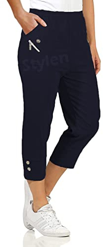URBAN STITCH Womens Capri Trousers Ladies Three Quarter Soft 3/4 Cropped Pants UK Ladies Stretch Pull on Trousers Elasticated Waist Plus Size Summer Shorts (14, Navy Blue)