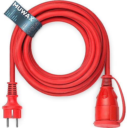 MUWAX Gummi-Verlängerungskabel 25m für Baustellen, Werkstatt, Industrie, für dauerhaften Einsatz im Außenbereich und Starke mechanische Beanspruchung H07RN-F 3G1,5mm² rot
