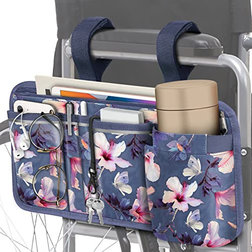 FINPAC Borsa per Sedia a Rotelle con Portapenne, Universale Pieghevole Walker Custodia con Strisce Riflettentiper, Multi-Tasche Braccioli Organizer per Deambulatori Rollator, (Z-Blooming Hibiscus)